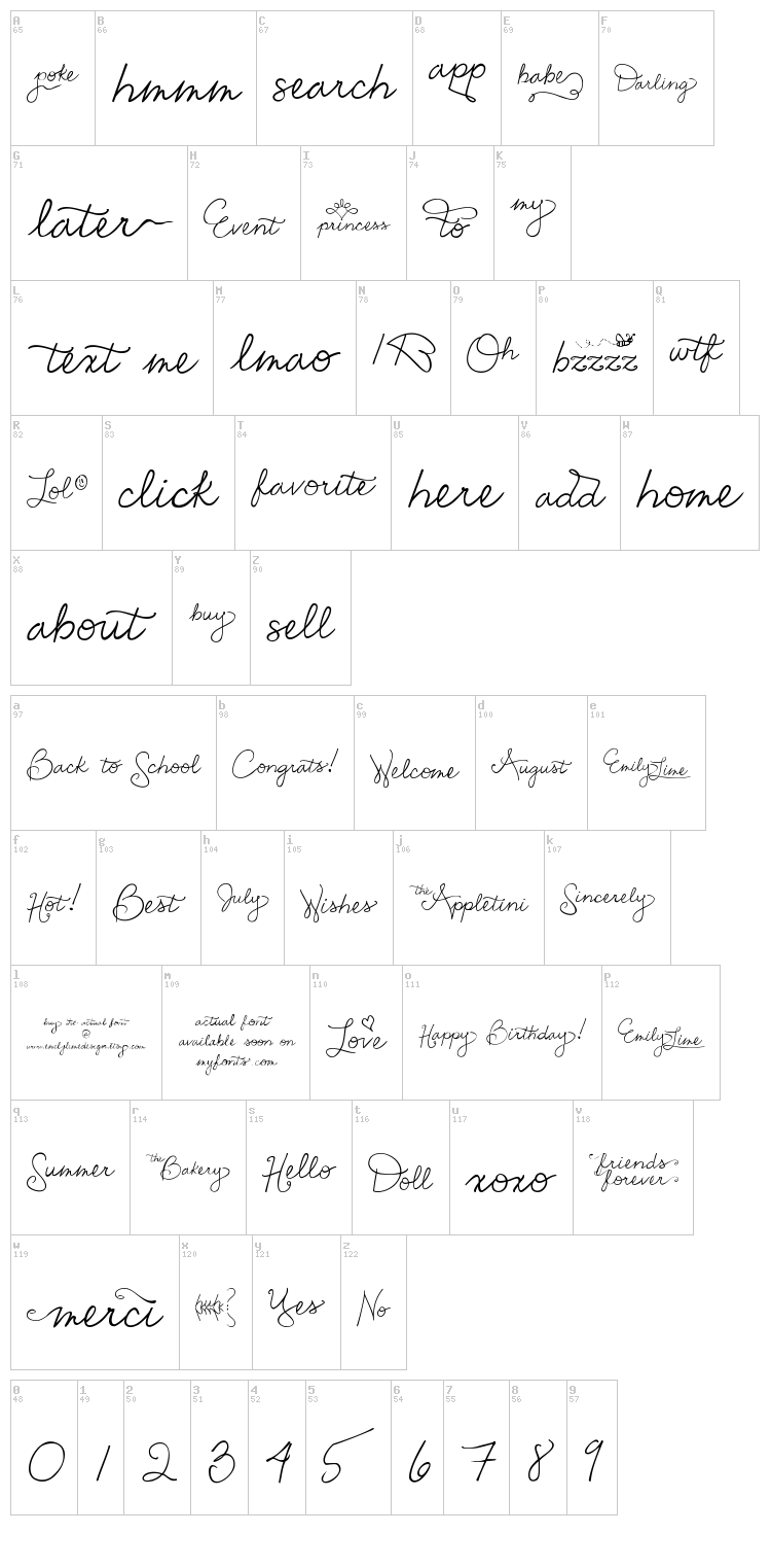 Emily Lime Words font map